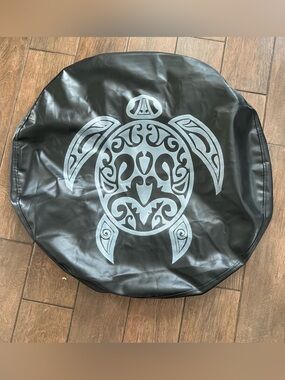 Black Spare Tire Cover with Silver/Blue Sea Turtle Graphic 32" No Camera Hole